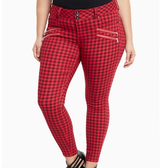 Torrid Pants - TORRID MULTI ZIP JEGGINGS - RED CHECK PRINT